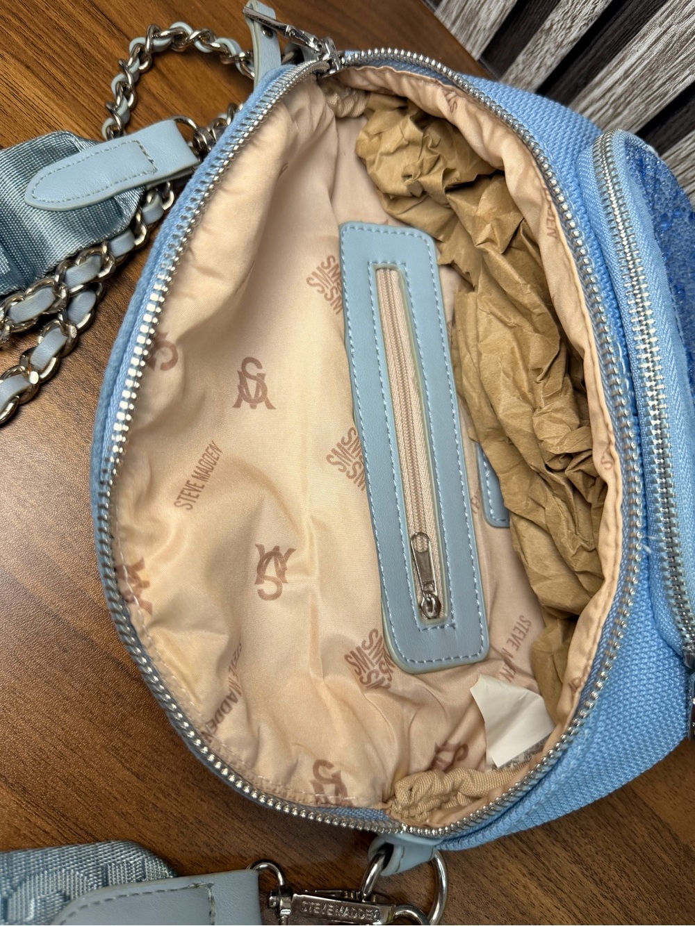 Steve Madden Light Blue Embellished Crossbody Bag with Chain Detail - Picture 11 of 16